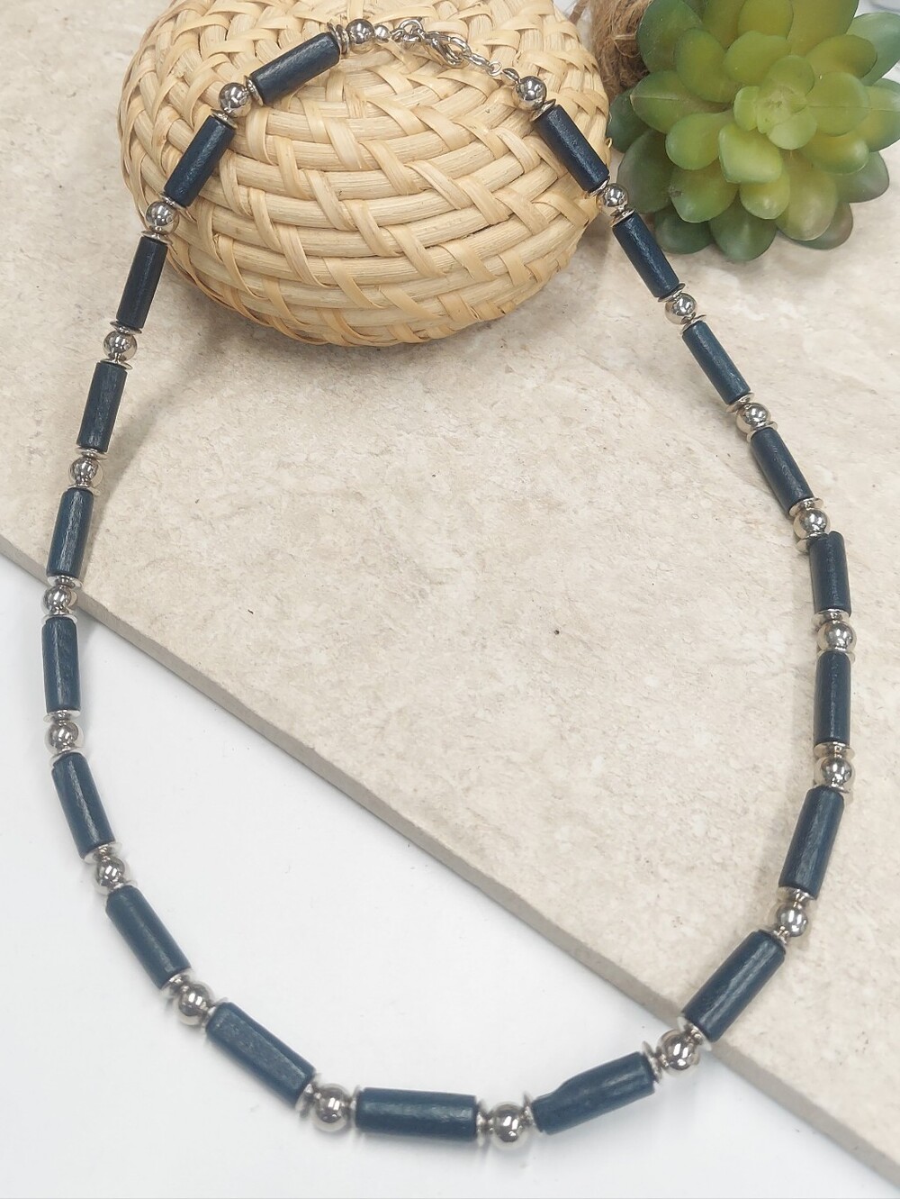 N4177 Unisex Vtg Boho Blue & Silver Beaded Choker Necklace Beach Unisex